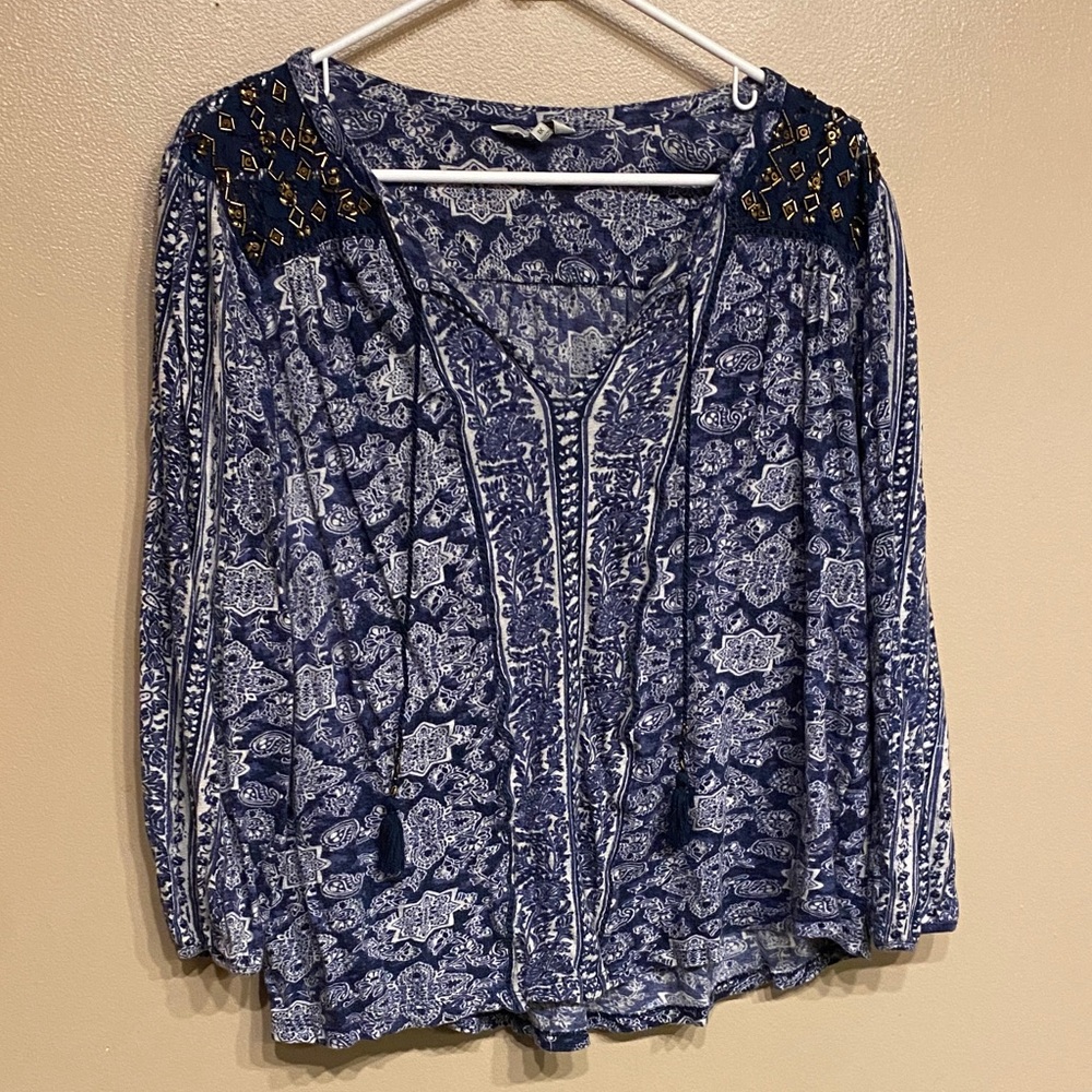 Lucky Brand Navy and White Boho Blouse